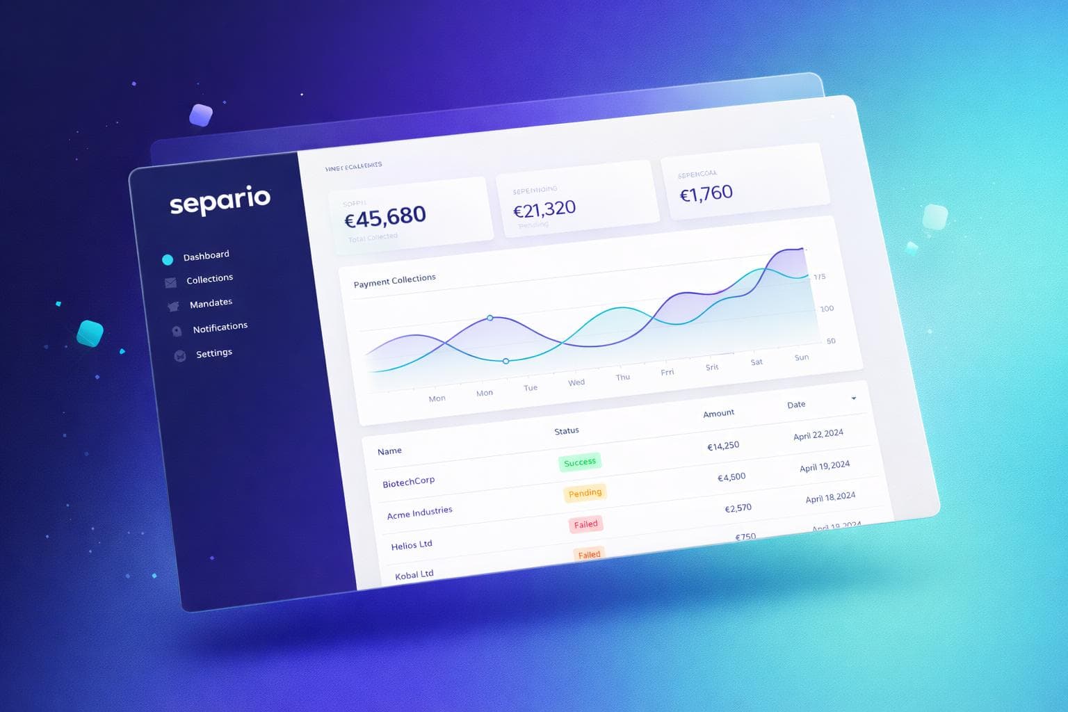 Dashboard separio — vue d'ensemble des encaissements SEPA